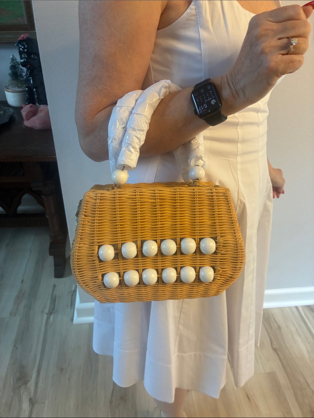 Anthropologie Tan Woven Shoulder Bag with White Bead Accents